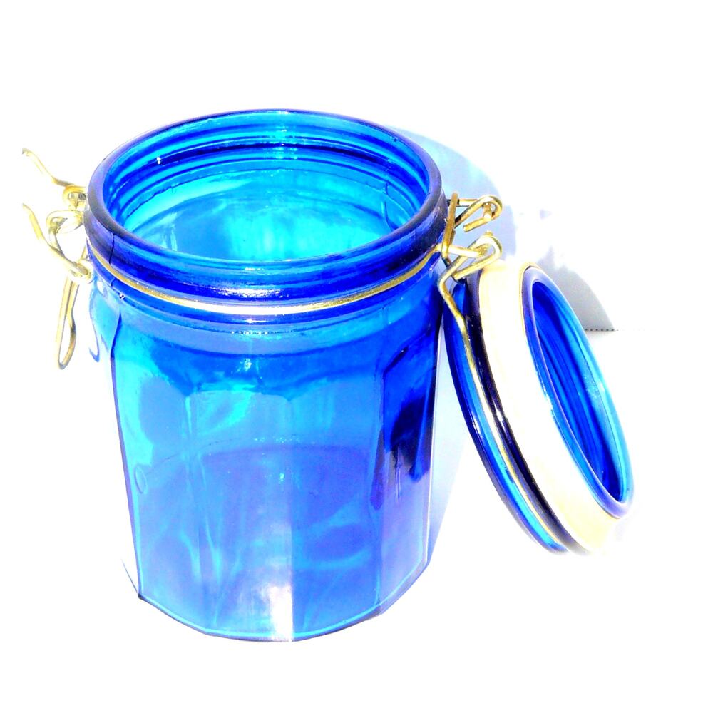 Vtg Cobalt Blue Glass Rubber Seal Wire Bail Lid 12-Sided Canister